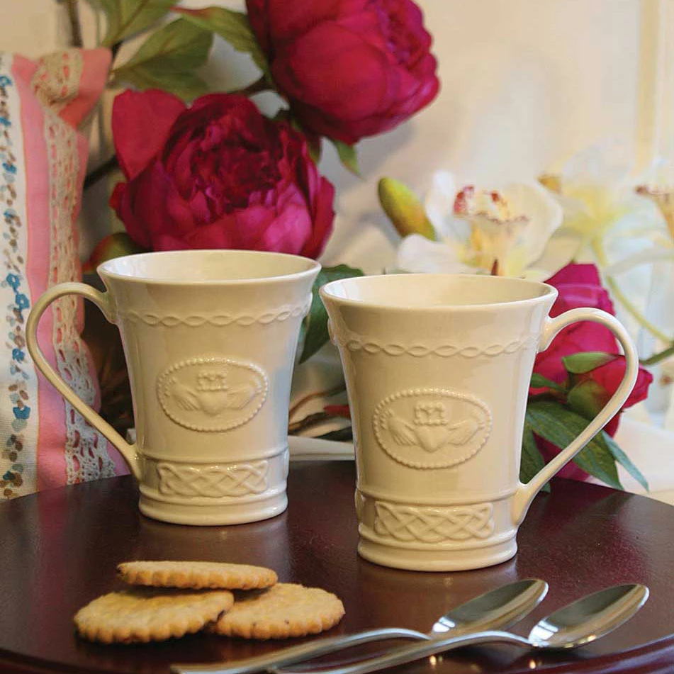 Belleek Pottery LTD Belleek China Claddagh Coffee Mugs, Pair 2 Belleek Pottery LTD Belleek China Claddagh Coffee Mugs, Pair - Image 2