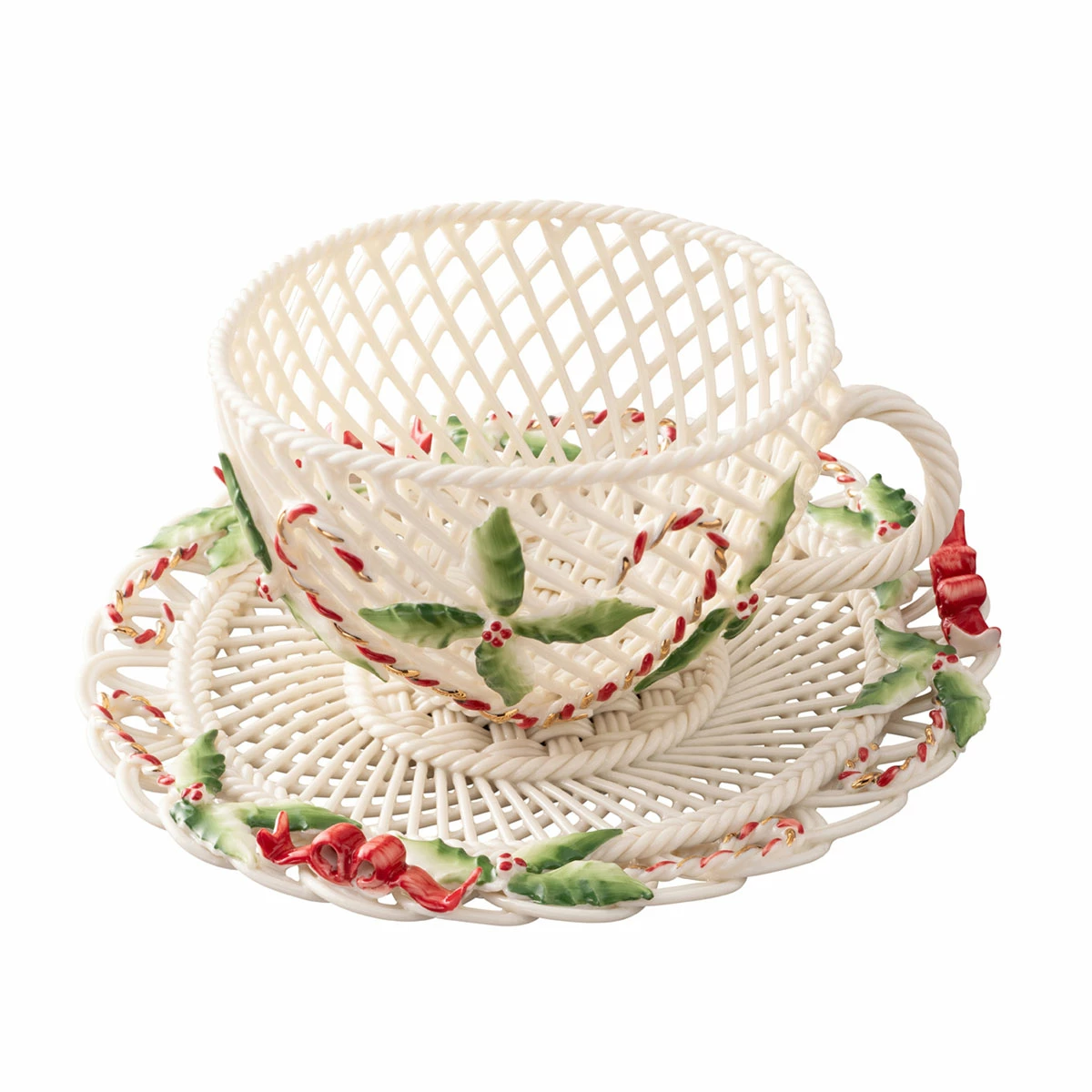 Belleek Pottery LTD Belleek Christmas Cup And Saucer Basket 1 Belleek Pottery LTD Belleek Christmas Cup And Saucer Basket