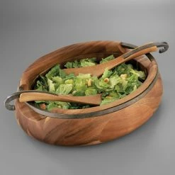 Nambe Mills, Inc. Nambe Anvil Oval Wood 13" Salad Bowl With Servers -Home Kitchen Shop MT0350N a2