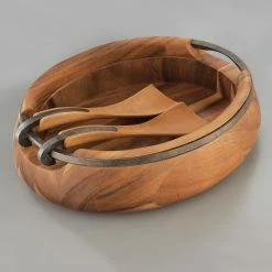 Nambe Mills, Inc. Nambe Anvil Oval Wood 13" Salad Bowl With Servers -Home Kitchen Shop MT0350N a3
